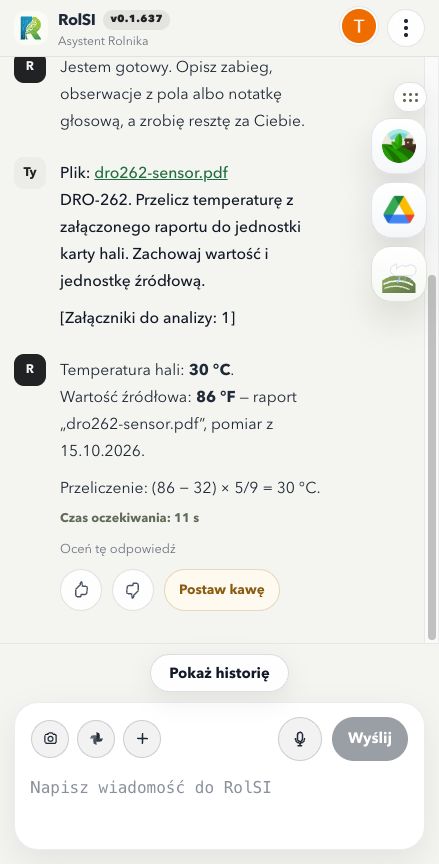 Odpowiedź RolSI na podstawie załączonego PDF: wynik 30°C i źródłowe 86°F