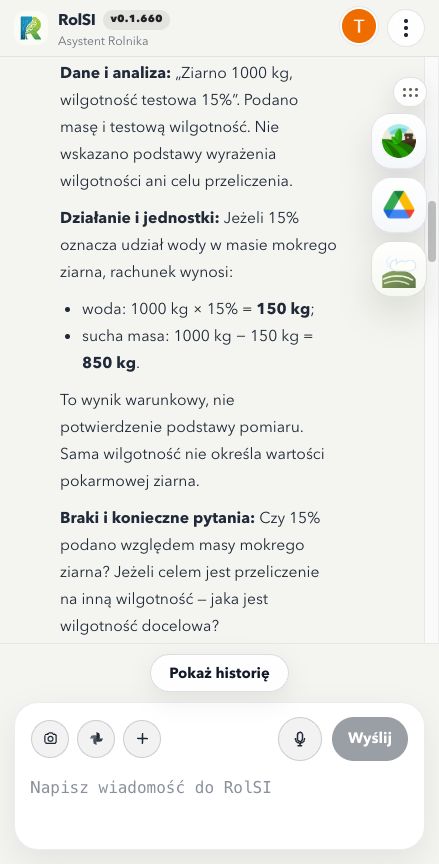 Analiza fikcyjnego pliku TXT: masa ziarna 1000 kg, woda 150 kg i sucha masa 850 kg