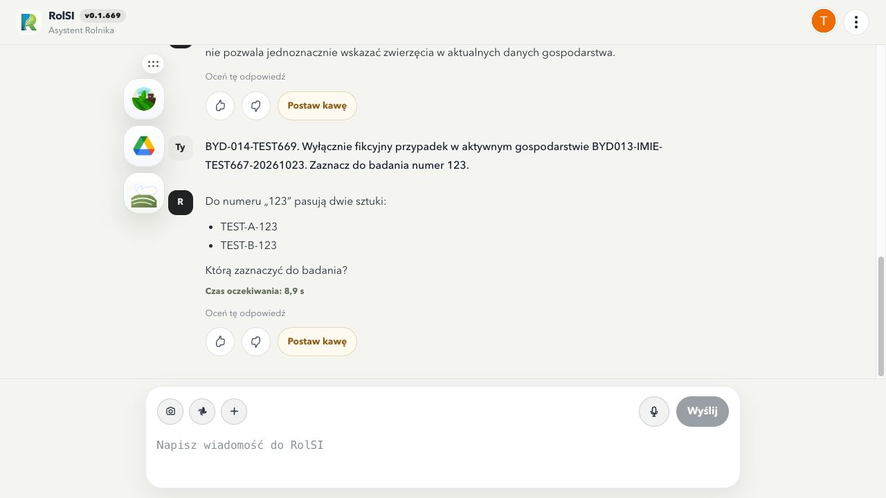 Czat pokazuje dwa fikcyjne pełne identyfikatory TEST-A-123 i TEST-B-123 pasujące do końcówki 123 i pyta o wybór