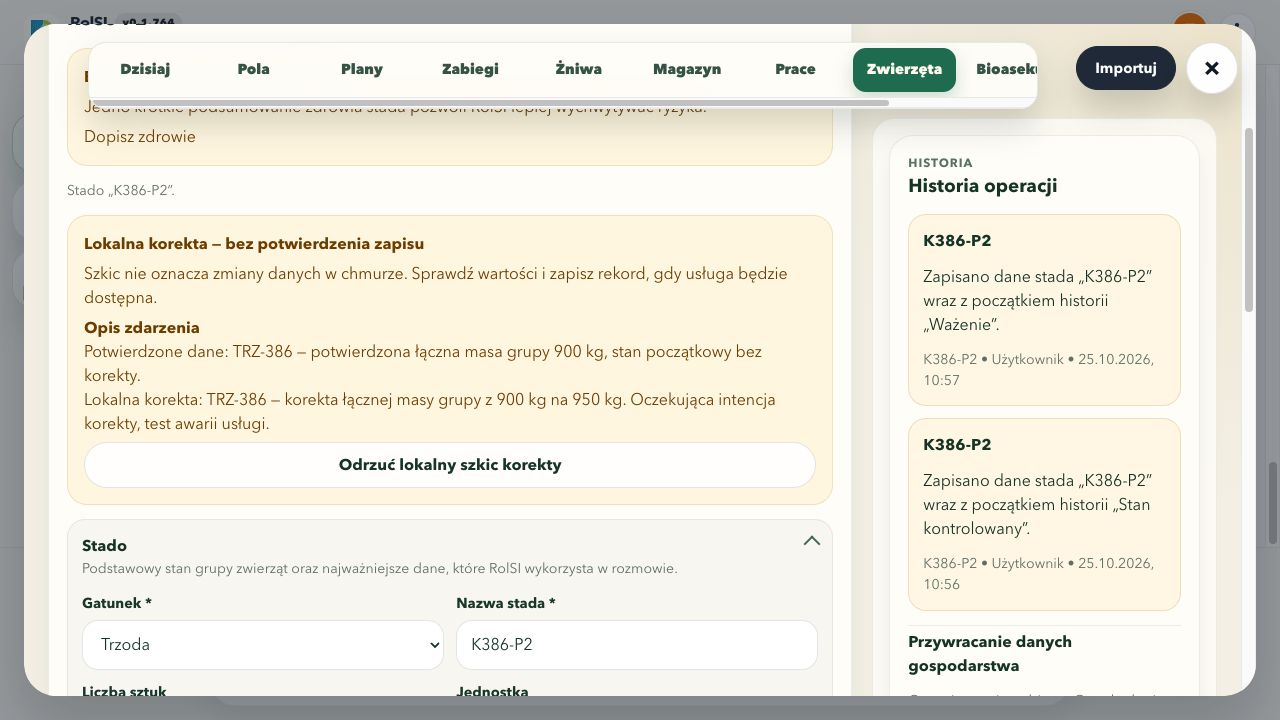 Fikcyjny test: potwierdzone 900 kg i lokalna korekta 950 kg bez potwierdzenia zapisu