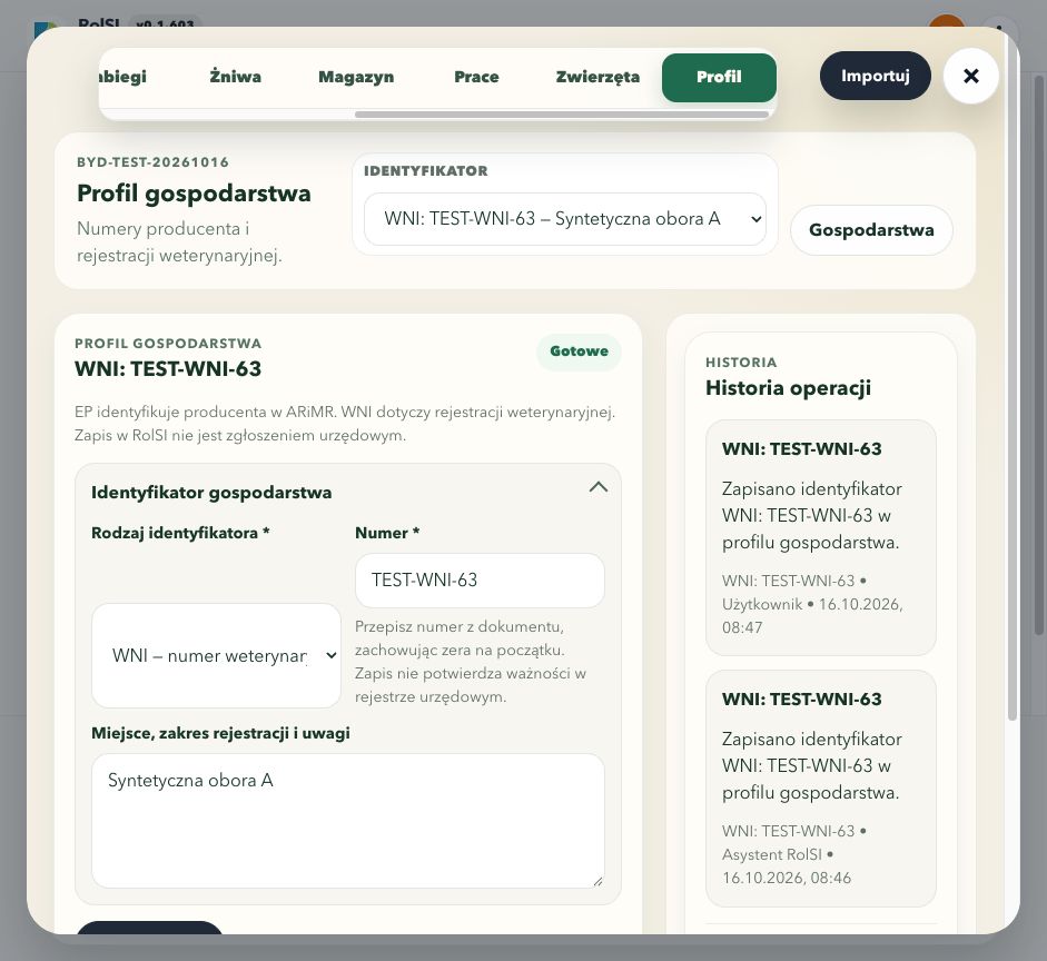 Formularz profilu gospodarstwa: wybrany testowy WNI TEST-WNI-63 i uwaga Syntetyczna obora A