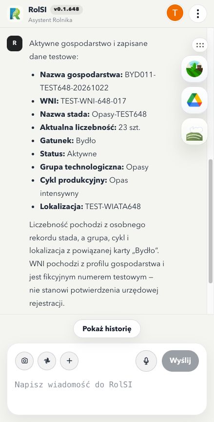 Testowy odczyt WNI i osobnego stada: 23 opasy, profil i lokalizacja w aktywnym gospodarstwie