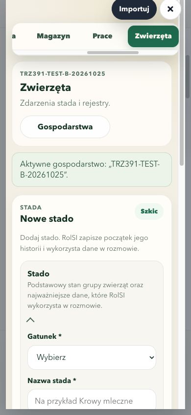 Fikcyjne gospodarstwo B pozostaje aktywne po ręcznym wyborze; jego nazwa jest widoczna nad formularzem.