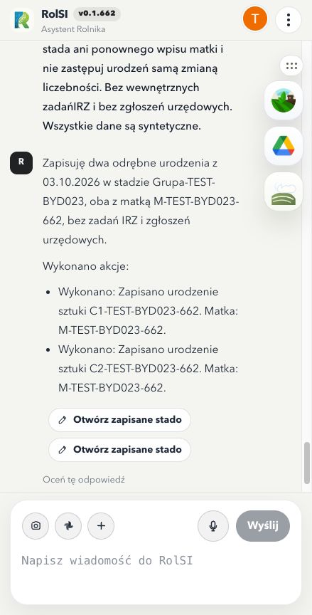 Czat potwierdza zapis dwóch indywidualnych cieląt ze wspólną matką i udostępnia przyciski otwarcia zapisanych rekordów