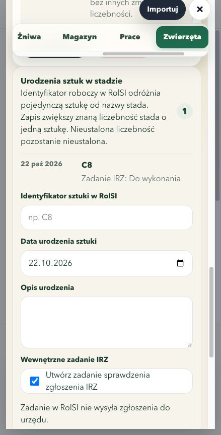 Rejestr jednej sztuki C8 z jednym wewnętrznym zadaniem IRZ oraz formularz urodzenia