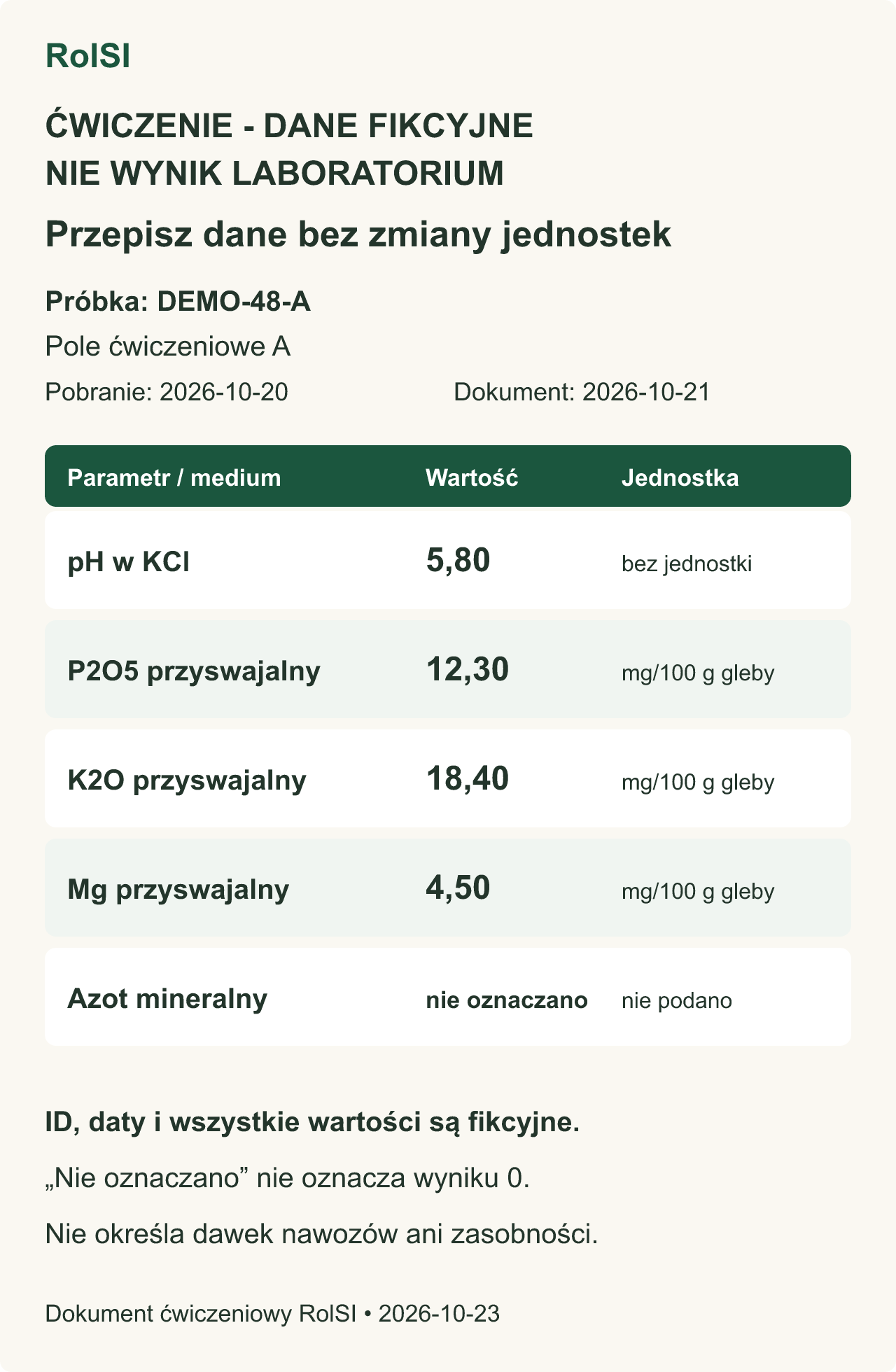 Fikcyjny dokument ćwiczeniowy: próbka DEMO-48-A, Pole ćwiczeniowe A, daty i tabela parametrów do kontroli przepisania; nie wynik laboratorium