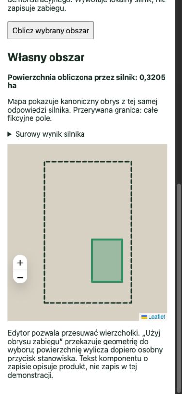 Lokalna demonstracja własnego obszaru zatwierdzonego w edytorze: obliczona powierzchnia 0,3205 ha