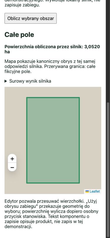 Lokalna demonstracja całego fikcyjnego pola: kanoniczny obrys i obliczona powierzchnia 3,0520 ha