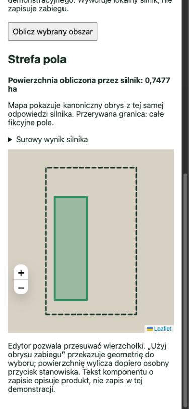 Lokalna demonstracja wybranej fikcyjnej strefy wewnątrz pola: obliczona powierzchnia 0,7477 ha